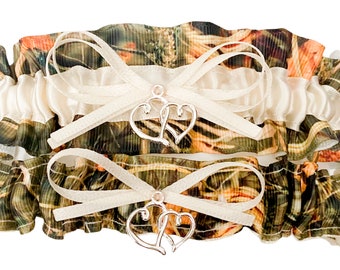 Sexy Camouflage Ivory Satin Wedding Garter Set Prom Weddings Accessories - Double Heart Charm