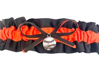 Sexy Black Orange Satin Bridal Wedding Prom Garter Keepsake - Baseball Charm