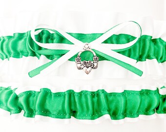 Satin White Green Irish Wedding Bridal Garter Set - Claddagh Charm