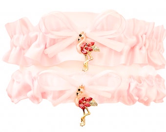 SEXY Light Pink Satin Wedding Bridal Garter SET - Flamingo Gold Charm