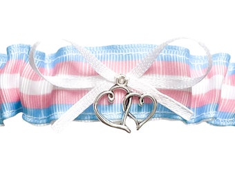 Blue Pink White Stripe Transgender Pride Wedding Tossing Demi Bridal Prom Garter - Double Heart Charm