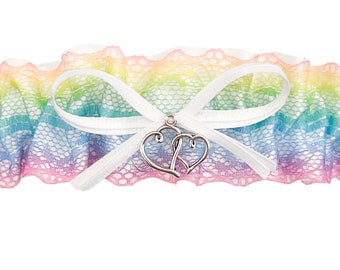 SEXY White Satin Rainbow Lace Wedding Keepsake Bridal Garter - Double Heart Charm