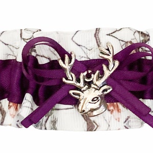 Deer Head Charm Camouflage White Dark Purple Satin Wedding Bridal Garter 