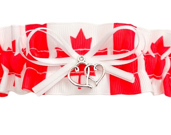 Canada Inspired Red White Flag Wedding Bridal Keepsake Garter - Double Heart Charm