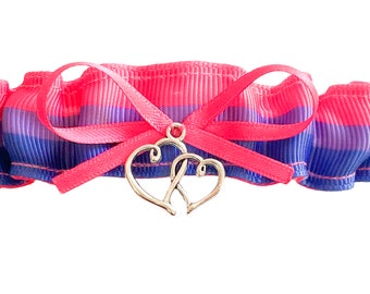 Hot Pink Purple Stripe Bisexual Pride Wedding Tossing Demi Bridal Prom Garter - Double Heart Charm