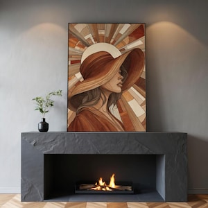 Boho Woman Wall Art Print, Modern Line Art Portrait, Sun Hat Illustration, Neutral Brown Minimalist Printable Decor