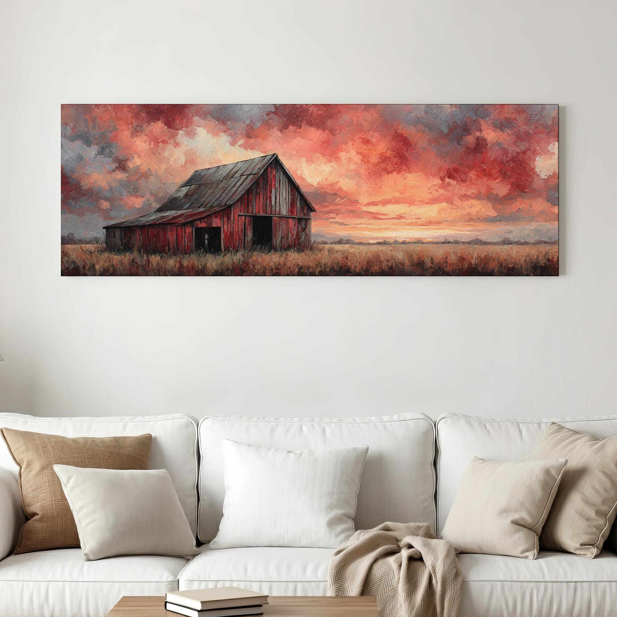 Rustic Red Barn Wall Art Print, Country Farm Landscape, Warm Sunset ...