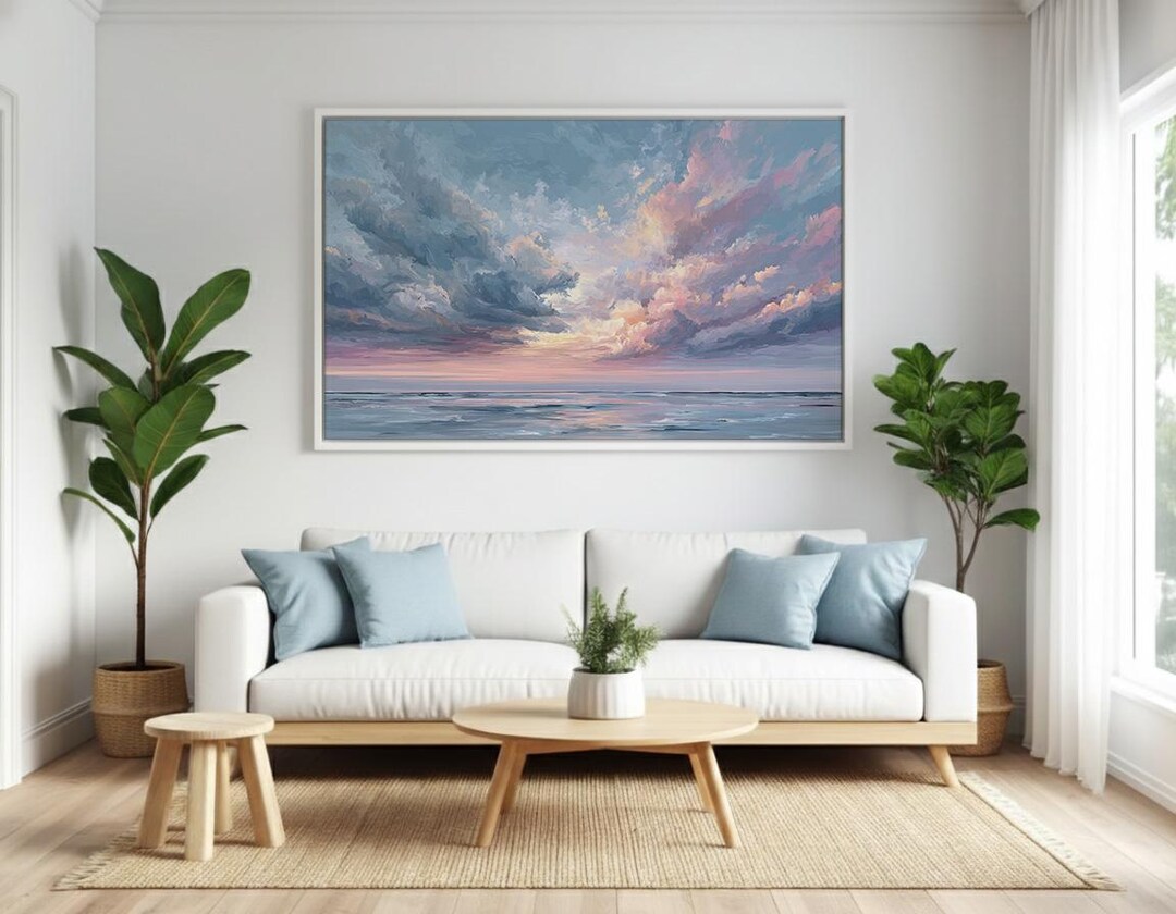 Soft Pastel Sunset Beach Wall Art Print, Blush Pink Ocean Canvas ...