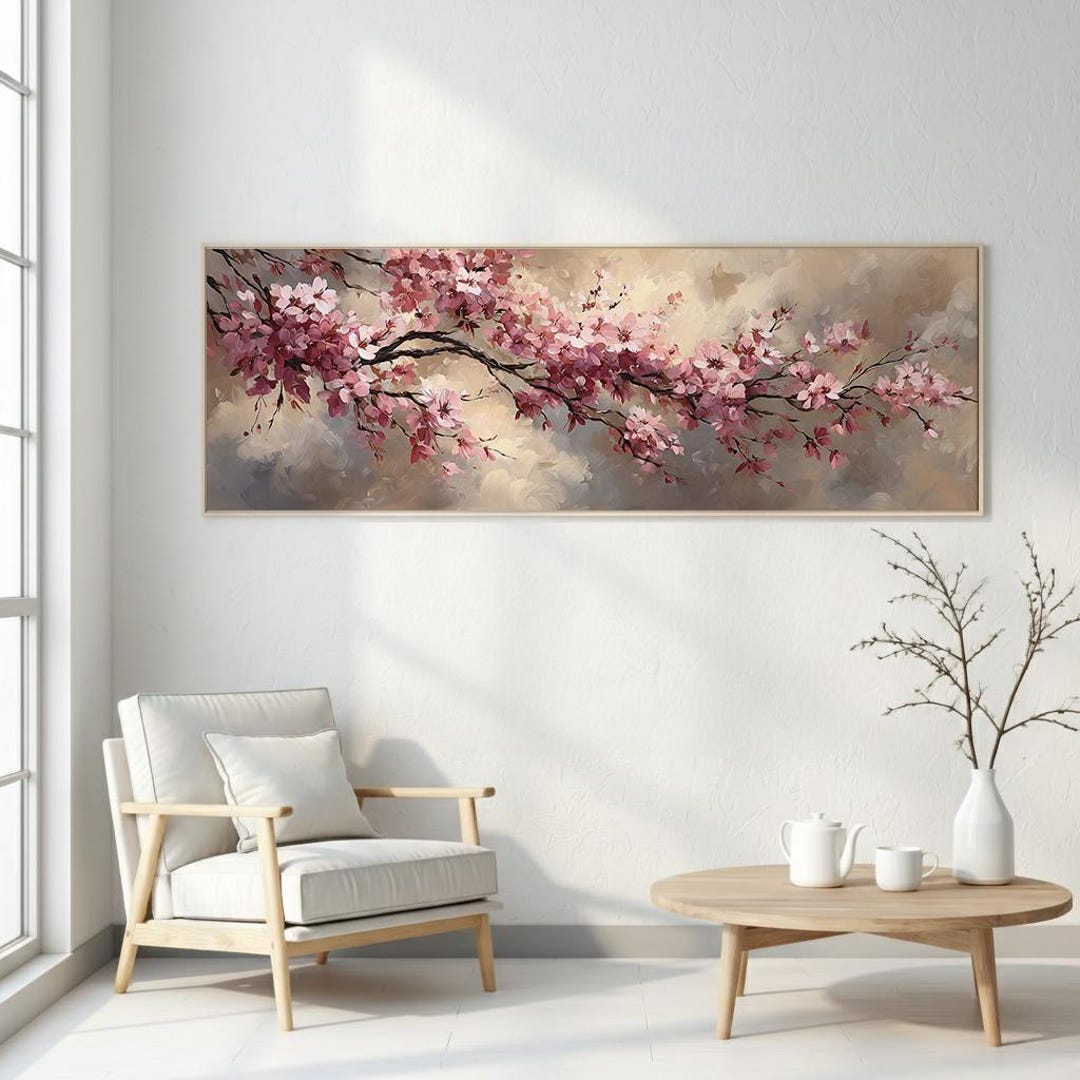 Pink Cherry Blossom Wall Art Print, Floral Branch Painting, Minimal ...