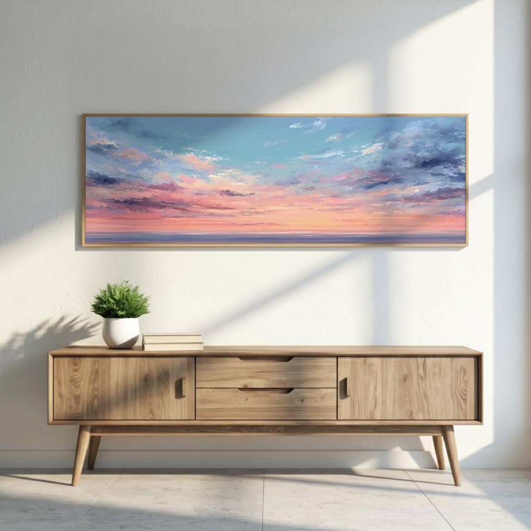 Pastel Ocean Sunset Wall Art Print, Soft Cloud Sky Painting, Minimal ...