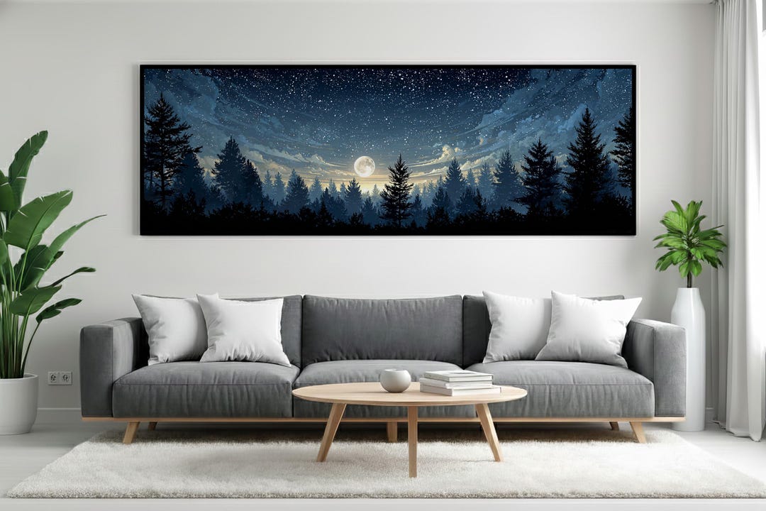 Panoramic Night Sky Wall Art Print, Moon Over Forest Landscape, Starry ...