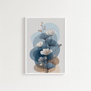 Blaue und beige botanische Wandkunstdruck, minimalistische Linie und abstrakte Blumenillustration, moderne Natur digitaler Download