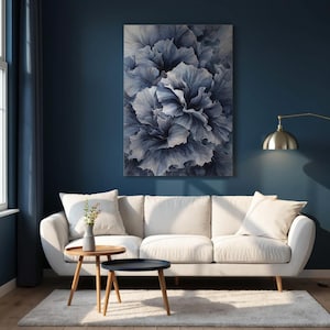 Blue Floral Wall Art Print, Abstract Botanical Flower Poster, Large Bloom Printable Artwork, Modern Indigo Wall Decor