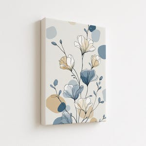 Modern Floral Line Art Print, Blue and Beige Abstract Flower Illustration, Minimal Botanical Wall Decor, Digital Download