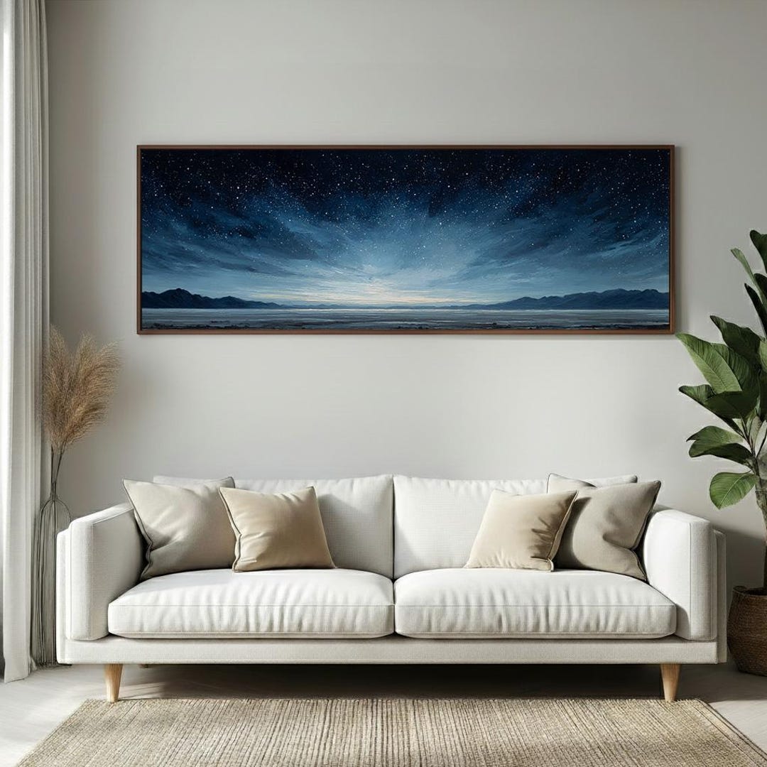 Starry Night Sky Landscape Wall Art Print, Serene Blue Celestial ...