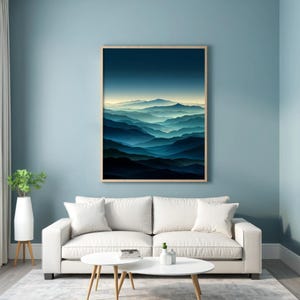 Misty Mountain Landscape Wall Art Print – Blue Green Gradient Nature Illustration – Modern Printable Mountain Range Decor