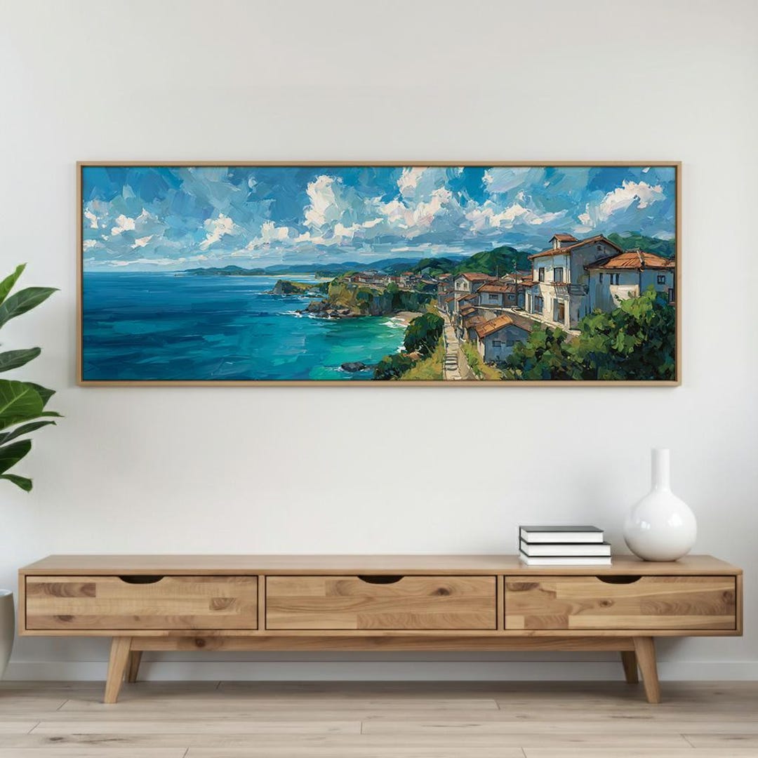 Ocean View Coastal Town Wall Art Print, Mediterranean Cliffside Houses ...