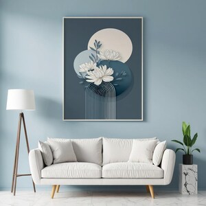 Minimalist Blue Floral Wall Art Print, Modern Botanical Line Drawing, Abstract Flower Poster, Digital Download Home Decor