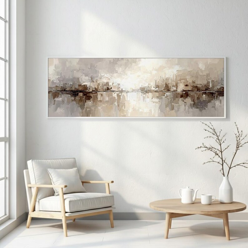 Abstract Neutral Skyline Wall Art Print, Beige City Reflection Painting ...