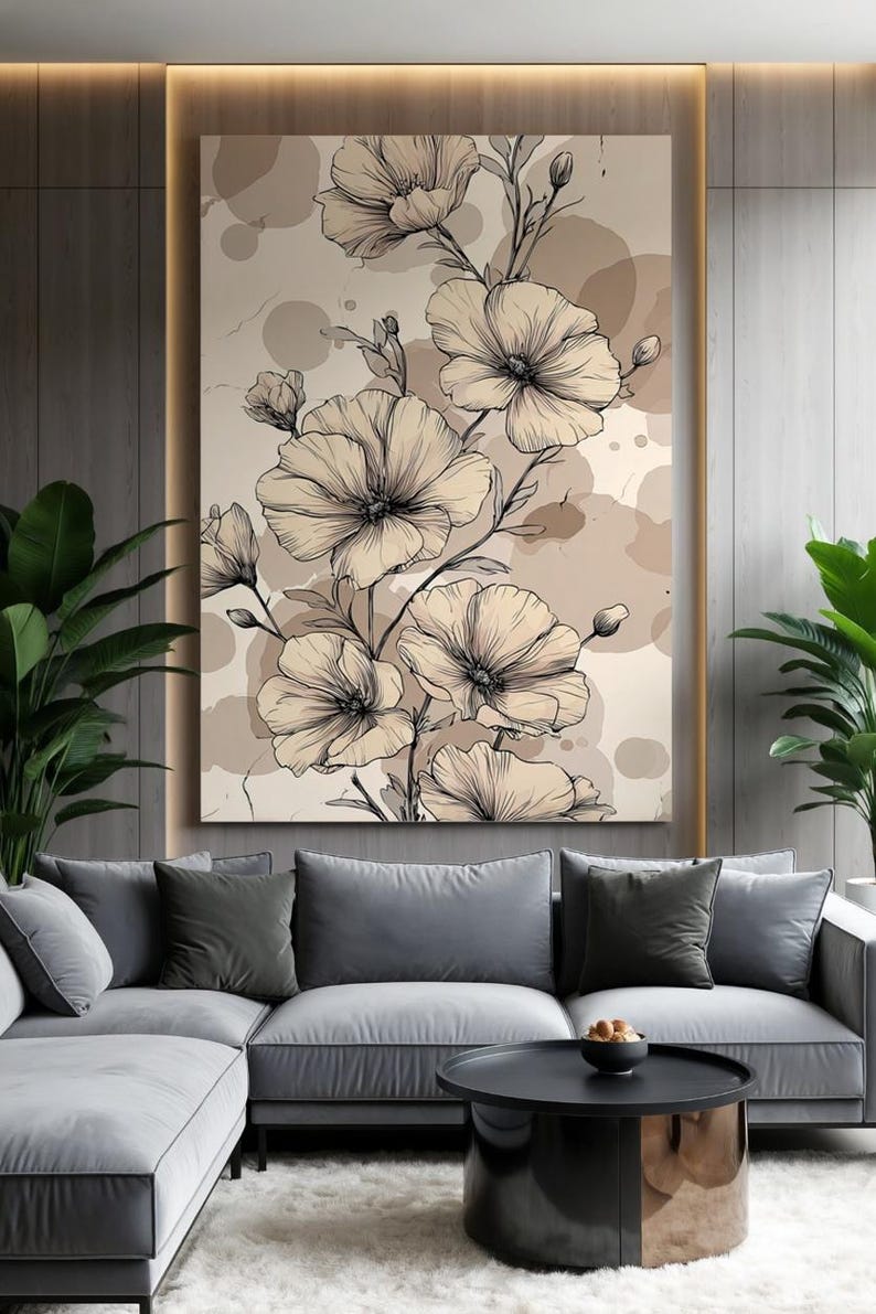 Beige Botanical Line Art Printable, Minimalist Floral Wall Art, Neutral ...
