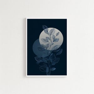 Navy Blue Botanical Line Art Print, Abstract Wall Art, Modern Minimalist Plant Illustration on Dark Background, Printable Digital Download