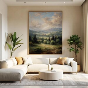 Peaceful Countryside Valley Landscape Painting – Rolling Hills, Village & Mountains, Rustic Nature Scene, Digital Printable Wall Art