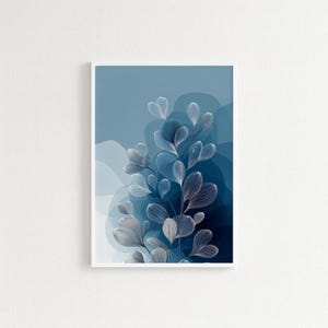 Moderne blaue Blatt Wandkunst, minimale botanische Linie Zeichnung, abstrakte Natur druckbare