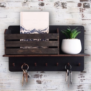 Modern Key Rack and Mail Holder with Shelf and Hooks for Entryway, Key Holder for Wall
