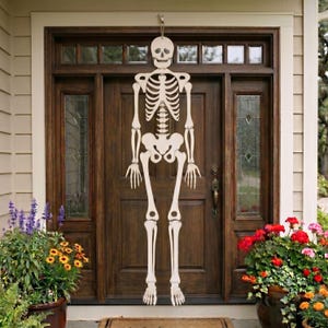 Grand squelette en bois articulé, décoration d'Halloween, squelette suspendu grandeur nature pour porte d'entrée, décoration de porche extérieur