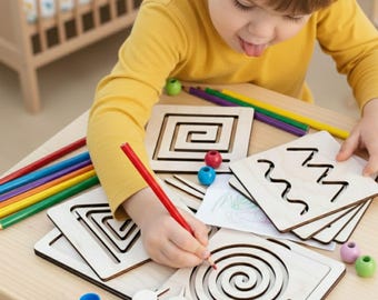 Montessori Wood Stencil Set, Tracing Board, Pre-Writing Boards, Preschool Curriculum