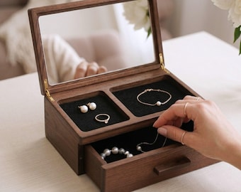 Joyero de madera con espejo, cajón y soporte para teléfono, organizador de joyas vintage para mujer, regalo de 5º aniversario.