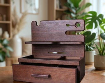 Wood Docking Station, Desktop Organizer with Drawers and Phone Holder, Valet Tray, Men's nightstand organizer