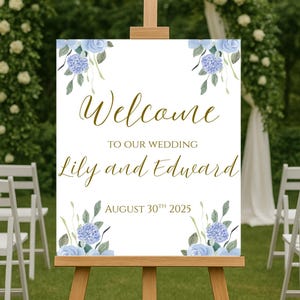 Hydrangea Wedding Welcome Sign Template Editable Canva Poster 3 Sizes 18x24, 20x30, 24x36 Digital Download White and Blue Wedding Decor