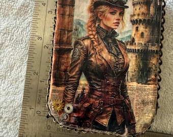 Steampunk tin, cosplay accessory, watch parts gears necklace 18 in long, credit card case, trinket, business card, coins, stamps, paperclips