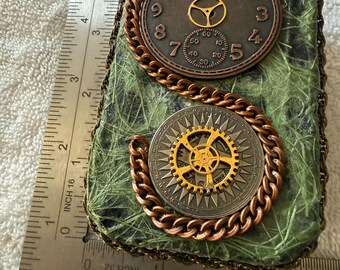 Steampunk accessory for credit card, business card, ID. change purse, Altered Tin Keepsake box,