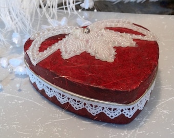 Heart Shaped Tin Box, Red, Hand Made Design,  measures 4 x 4.5 x 1.25 in, Decorative Treasure Box, Embellished Keepsake Box, Jewelry Box