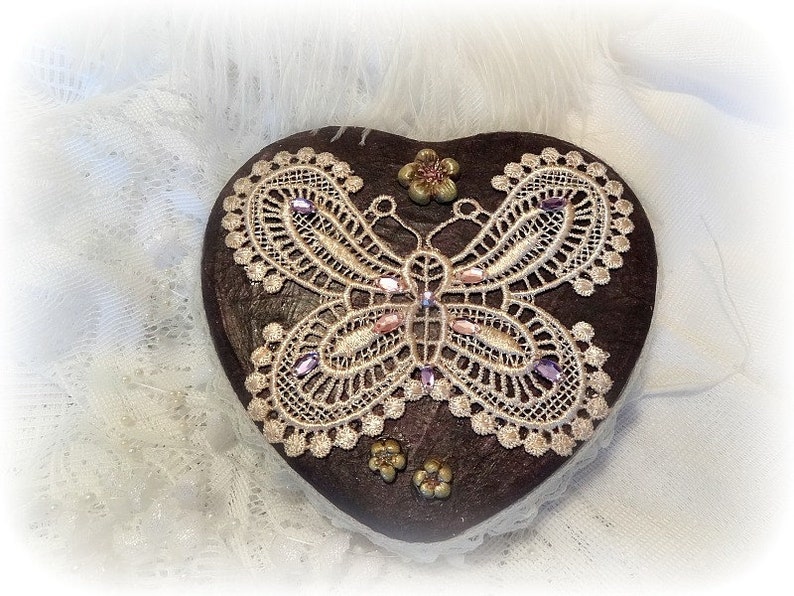 Jewelry Box Brugandy Decorated Treasure Box Embellished Keepsake Box Custom Design Valentine Heart Shaped Box Hand Decorated