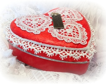 Heart Shaped Keepsake Box, Red, Crochet Lace, Memory Keeper