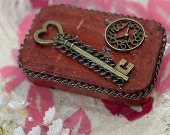 Red Valentine  Altered Tin Box, Brass Key & Clock Trinket, Keepsake Gift