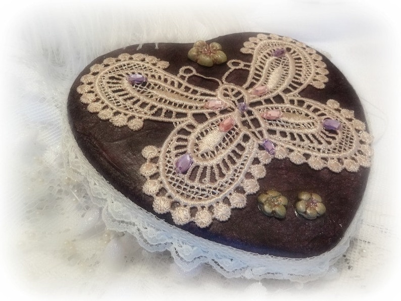 Jewelry Box Brugandy Decorated Treasure Box Embellished Keepsake Box Custom Design Valentine Heart Shaped Box Hand Decorated