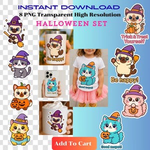 Stickers chats d&#39;Halloween kawaii : clipart PNG, arrière-plan transparent (téléchargement numérique)