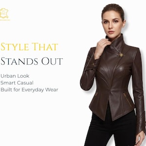 May include: A dark brown leather jacket featuring a high collar, a single gold-toned button closure at the neck, and two zippered pockets. The text on the left reads: STYLE THAT STANDS OUT, Urban Look, Smart Casual, Built for Everyday Wear.
