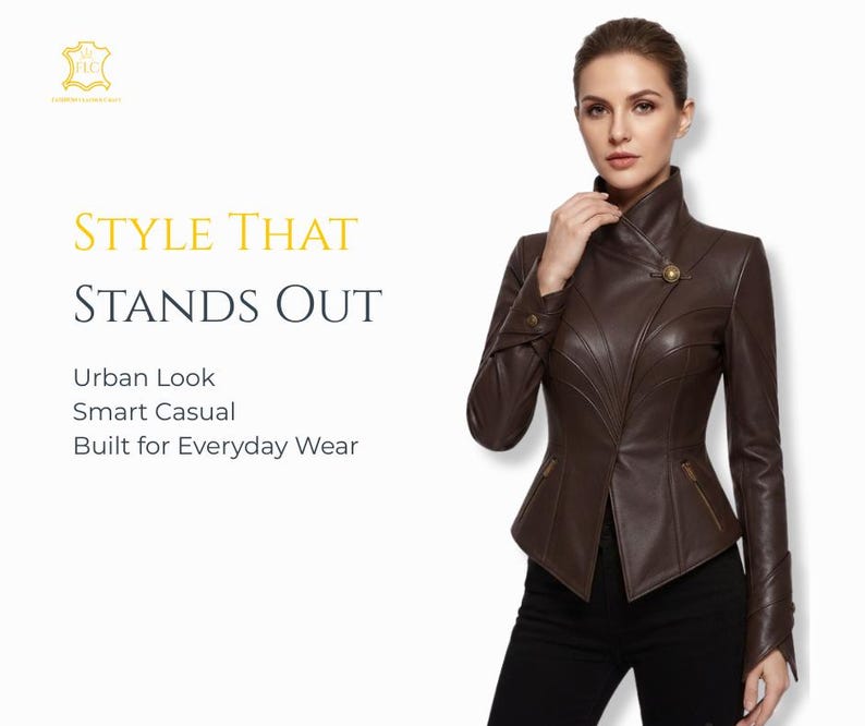 May include: A dark brown leather jacket featuring a high collar, a single gold-toned button closure at the neck, and two zippered pockets. The text on the left reads: STYLE THAT STANDS OUT, Urban Look, Smart Casual, Built for Everyday Wear.