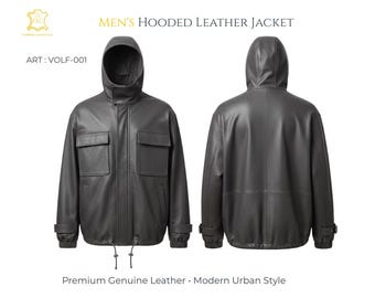 May include: A dark gray hooded leather jacket shown from the front and back. The front features two chest pockets with flaps, a central zipper, and a drawstring hem. The back displays a smooth leather finish. Text includes MEN'S HOODED LEATHER JACKET.