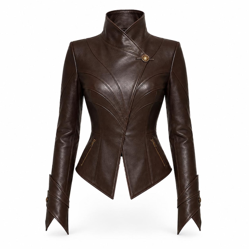 May include: A dark brown leather jacket featuring a high standing collar, an asymmetrical front closure secured with a single metallic button, curved seam detailing across the chest, two zippered waist pockets, and pointed cuffs with buttons.