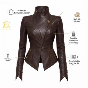 May include: A dark brown leather jacket featuring a high collar, an asymmetrical front closure with a single button, long sleeves with pointed cuffs, and two zippered pockets. The jacket includes labels for premium genuine leather, soft silk lining, durable premium stitching, YKK metal zippers, and a comfortable regular fit.
