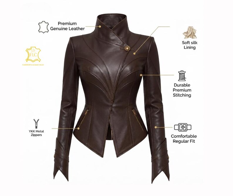 May include: A dark brown leather jacket featuring a high collar, an asymmetrical front closure with a single button, long sleeves with pointed cuffs, and two zippered pockets. The jacket includes labels for premium genuine leather, soft silk lining, durable premium stitching, YKK metal zippers, and a comfortable regular fit.