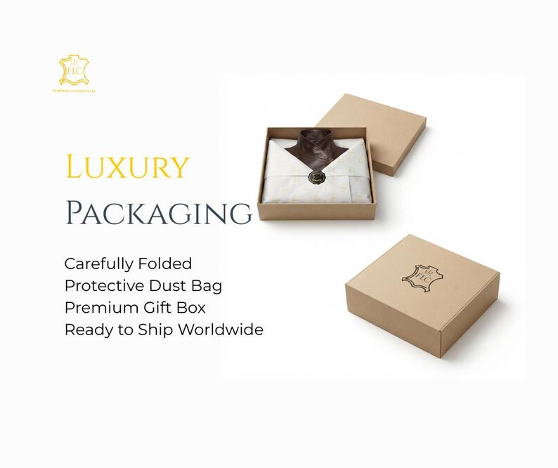 May include: A brown leather garment folded inside a square tan cardboard gift box, wrapped in white tissue paper with a dark circular seal. A separate tan lid sits nearby, and a closed tan box features a dark logo of a leather hide shape.