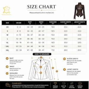 May include: A size chart for a brown leather jacket, featuring a table with US sizes from XS to 3XL, bust, waist, shoulder, sleeve, and jacket length measurements in inches. Includes a diagram illustrating how to measure bust, waist, shoulder, sleeve, and jacket length.