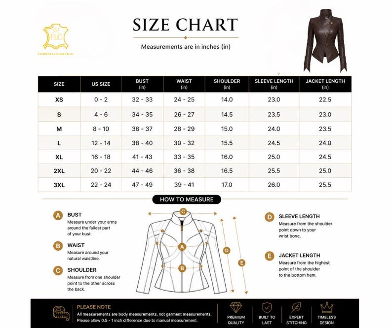 May include: A size chart for a brown leather jacket, featuring a table with US sizes from XS to 3XL, bust, waist, shoulder, sleeve, and jacket length measurements in inches. Includes a diagram illustrating how to measure bust, waist, shoulder, sleeve, and jacket length.